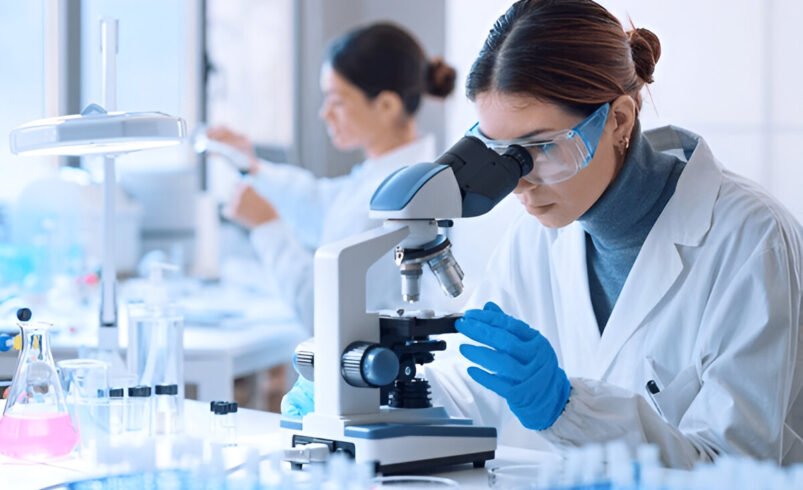 The image shows a woman in a lab coat and safety goggles looking through a microscope. She is wearing blue gloves and appears to be conducting research in a biotechnology lab. In the background, another person is working at a lab bench, and various scientific equipment, including beakers and test tubes, are visible. The setting suggests a laboratory environment, possibly in the pharmaceutical or medical field. Alt text for the image could be: "A scientist in a lab coat and safety goggles examines a sample under a microscope in a research laboratory."